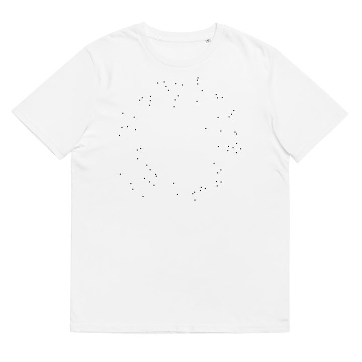 Vit klassisk T-shirt med svarta prickar i cirkelformation.