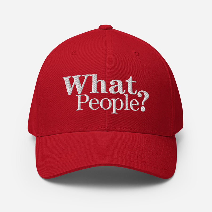 Röd keps med vit broderad text: What People?
