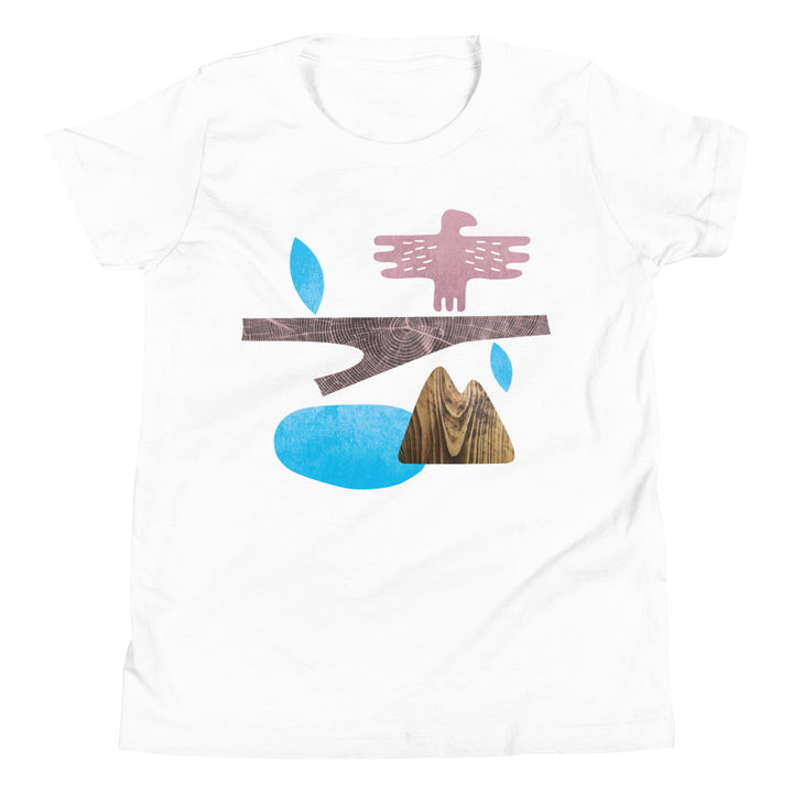 Vit T-shirt i juniorstorlek med grafisk mönster "Mountain" av Peter Huber