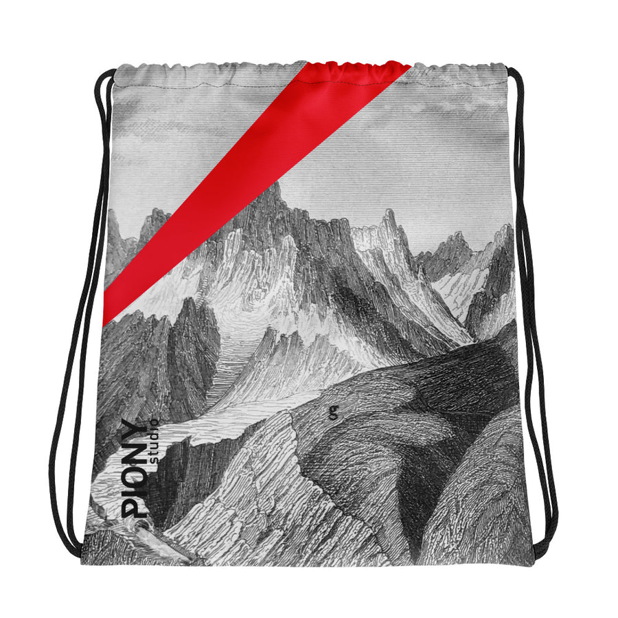 Det grå mönstret täcker hela tygsäcken. Piony Studio logo på en sida och en stor röd kil som bryter igenom mönstret.