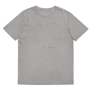 Grå unisex T-shirt med svarta prickar i cirkelformation.