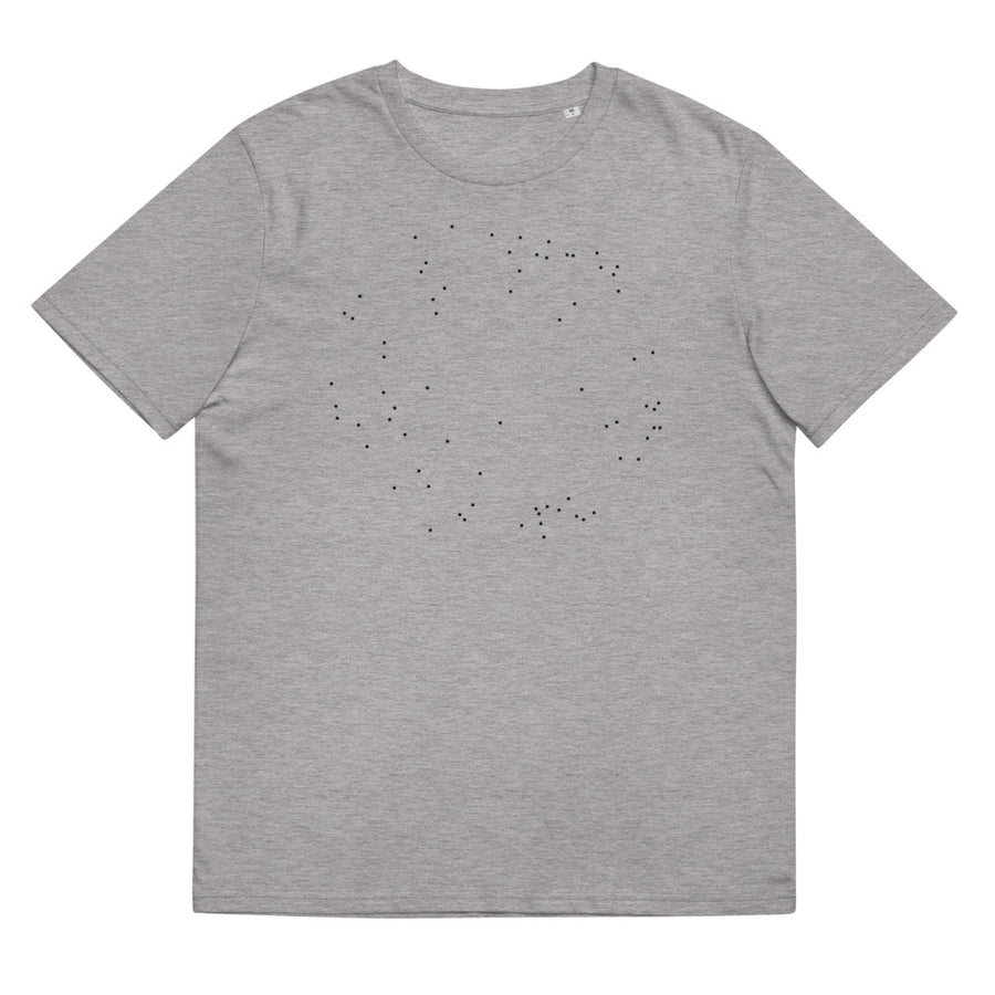 Grå unisex T-shirt med svarta prickar i cirkelformation.