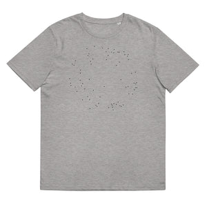 Grå unisex klassisk T-shirt med svarta prickar i cirkelformation.