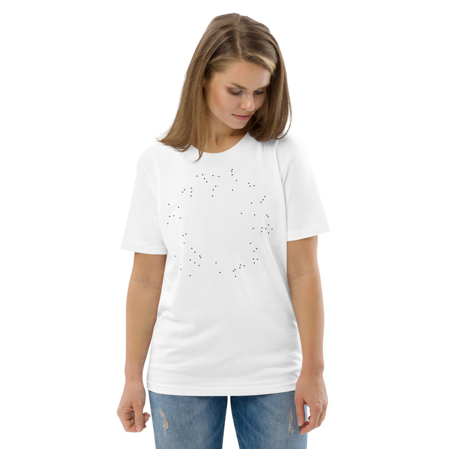 Vit unisex T-shirt med mönstret Correlations av Transposition Industries.
