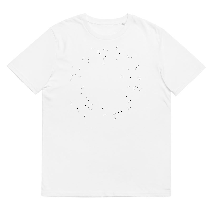 Vit klassisk T-shirt med svarta prickar i cirkelformation.