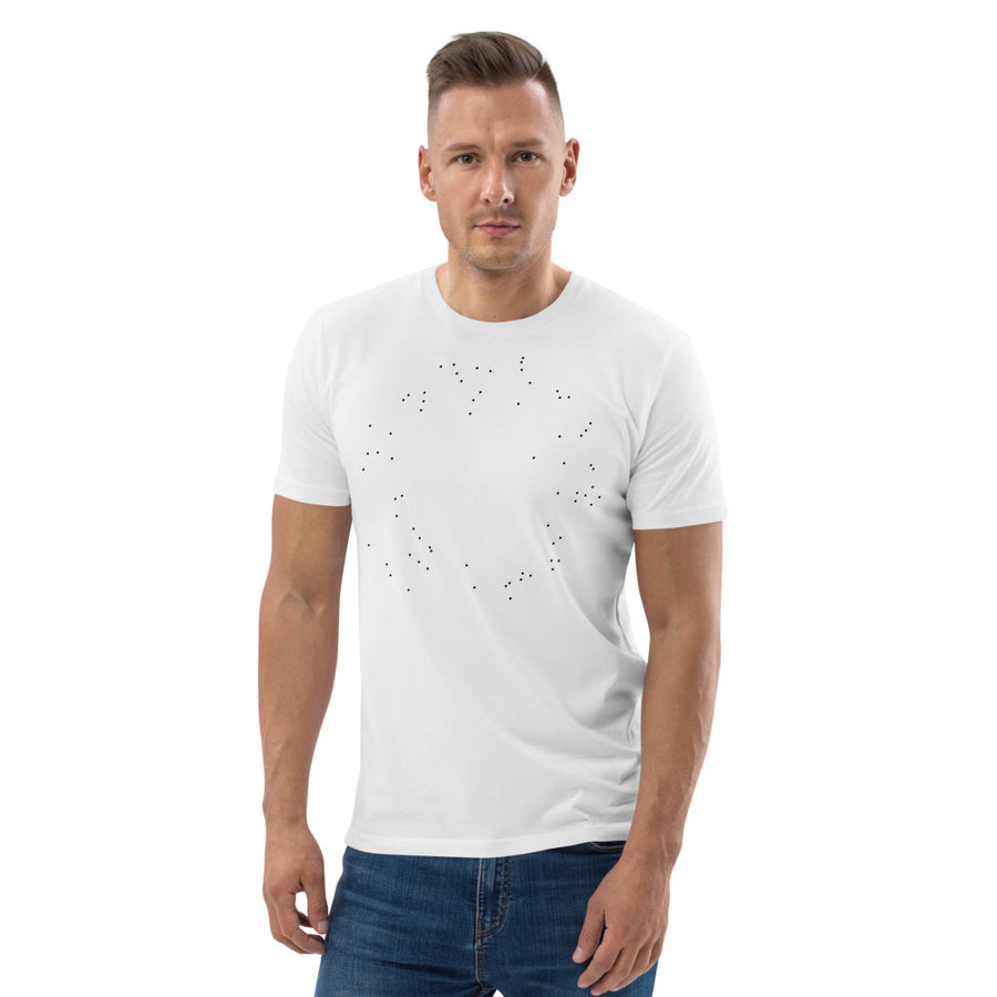 Vit unisex T-shirt, mönstret Correlations består av små prickar i cirkelform.